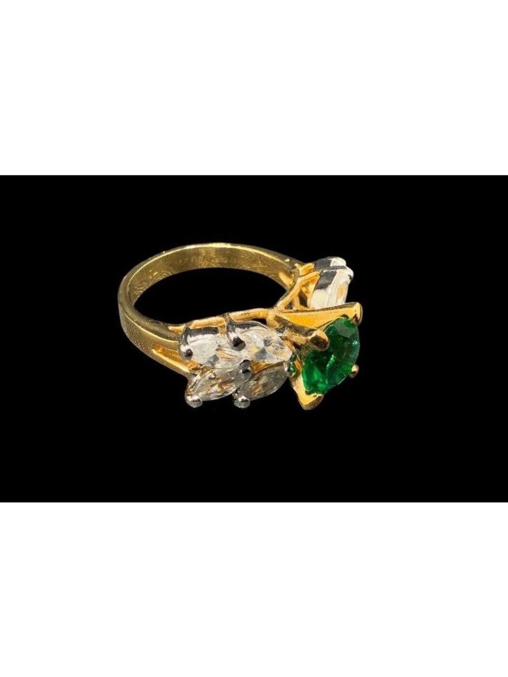 Vintage EDCO 925 Sterling Silver Green Glass Marquise Cocktail Ring Size 8